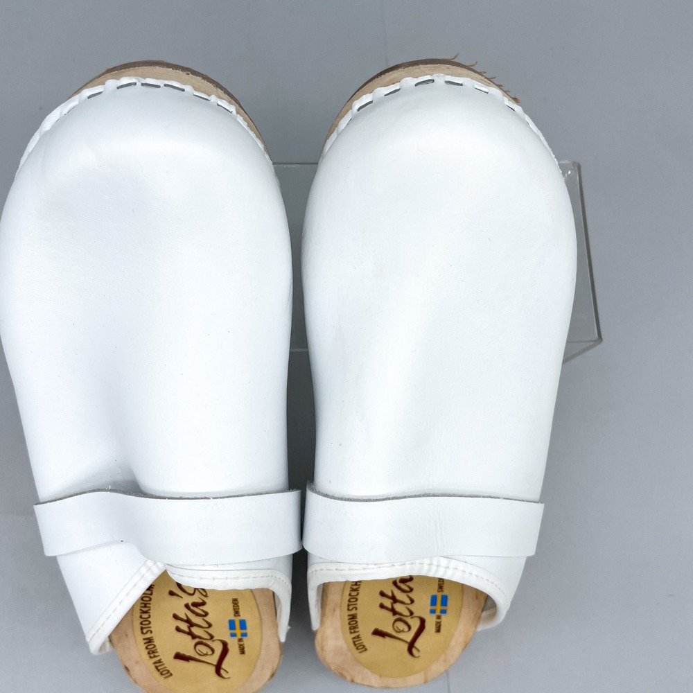 Lotta From Stockholm Womens 38 7.5 White Leather Classic Swedish Clogs Wood Heel - Picture 8 of 12
